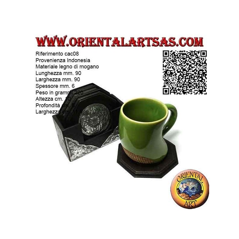 Set of 6 octagonal coasters with container in mahogany wood and inserts in silver with floral decorations (black)