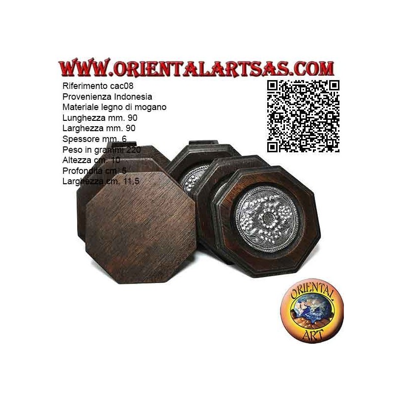 Set of 6 octagonal coasters with container in mahogany wood and inserts in silver with floral decorations (black)