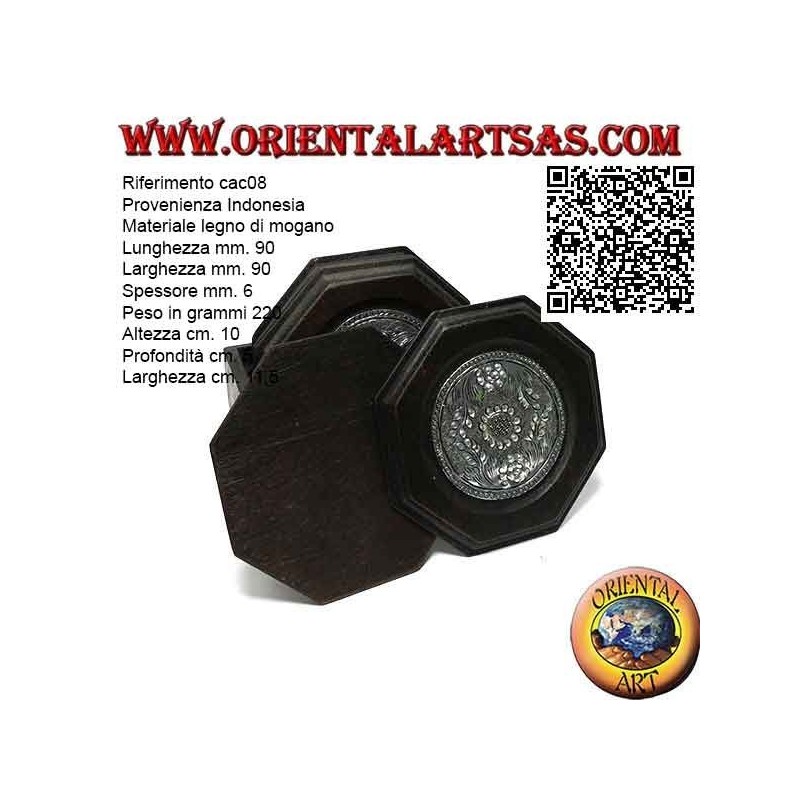 Set da 6 sottobicchieri ottagonali con contenitore in legno di mogano e inserti in argentone a decori floreali (nero)