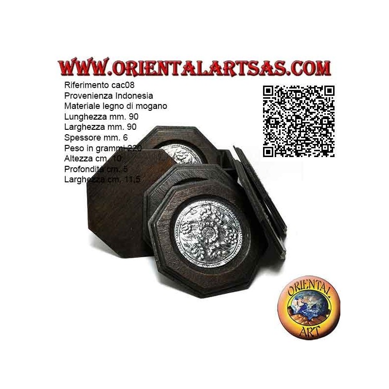 Set of 6 octagonal coasters with container in mahogany wood and inserts in silver with floral decorations (black)