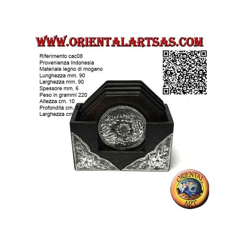 Set mit 6 achteckigen Untersetzern mit Behälter aus Mahagoniholz ​​und Einsätzen in Silber mit Blumendekor (schwarz)