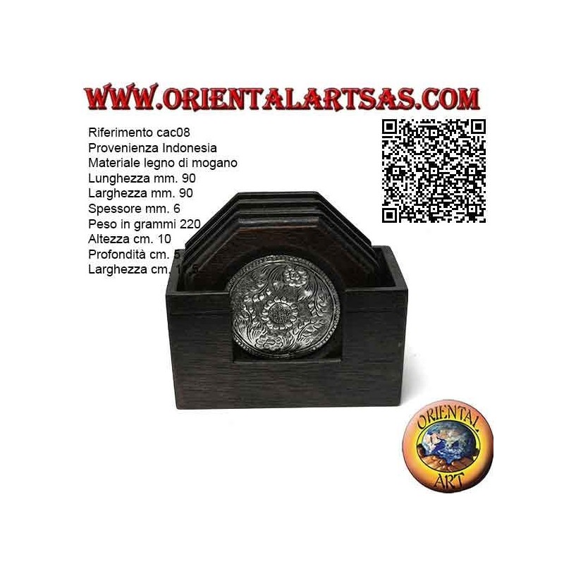 Set mit 6 achteckigen Untersetzern mit Behälter aus Mahagoniholz ​​und Einsätzen in Silber mit Blumendekor (schwarz)