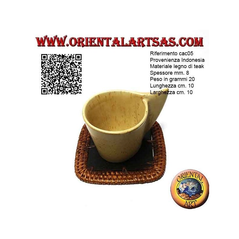 Posavasos de mimbre cuadrado y centro de madera de teca de 10 cm (oscuro)