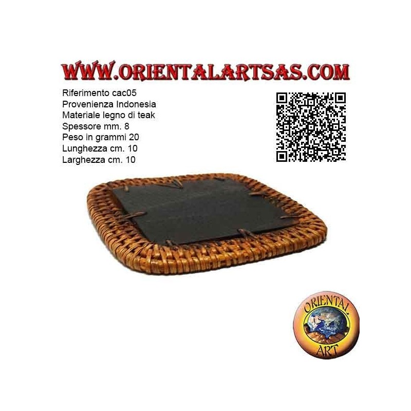 Posavasos de mimbre cuadrado y centro de madera de teca de 10 cm (oscuro)