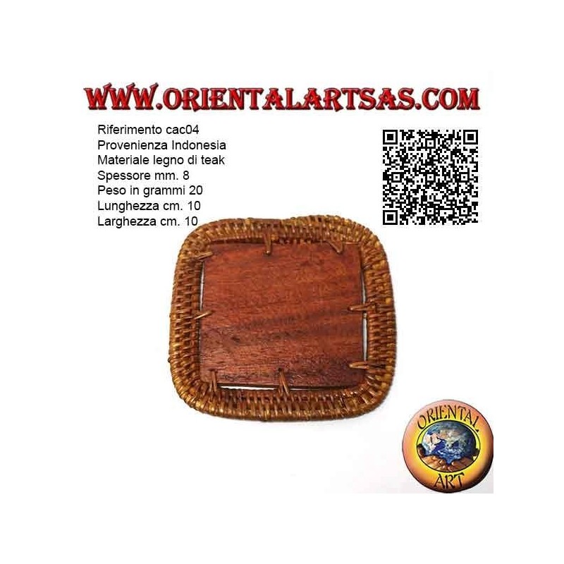 Posavasos cuadrado en ratán y centro de madera de teca de 10 cm (transparente)