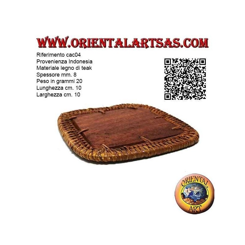 Posavasos cuadrado en ratán y centro de madera de teca de 10 cm (transparente)