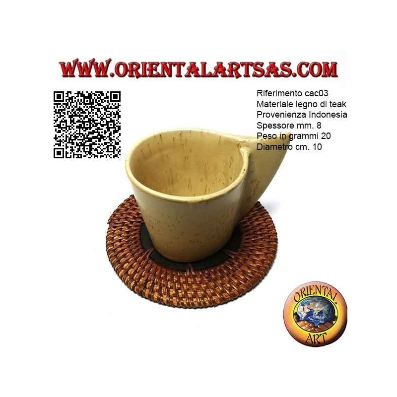 Round coaster in rolled wicker and 10 cm teak wood center (dark)