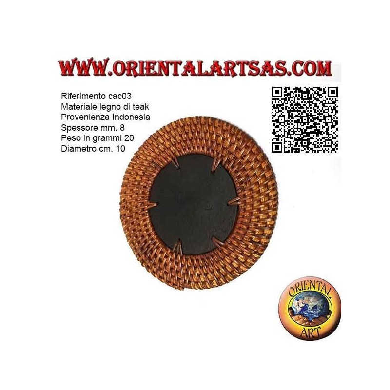 Dessous de verre rond en osier roulé et centre bois de teck 10 cm (foncé)