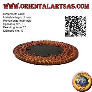 Dessous de verre rond en osier roulé et centre bois de teck 10 cm (foncé)