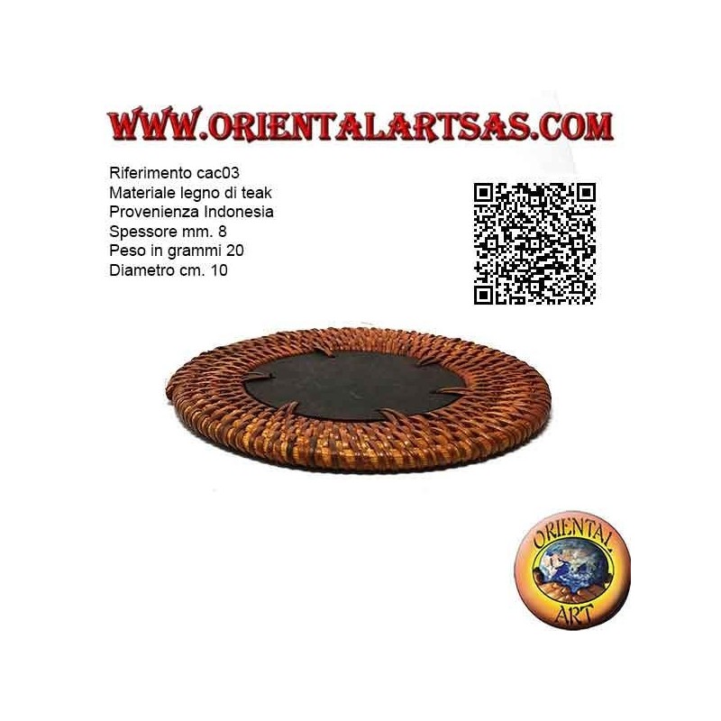 Posavasos redondo de mimbre enrollado y centro de madera de teca de 10 cm (oscuro)
