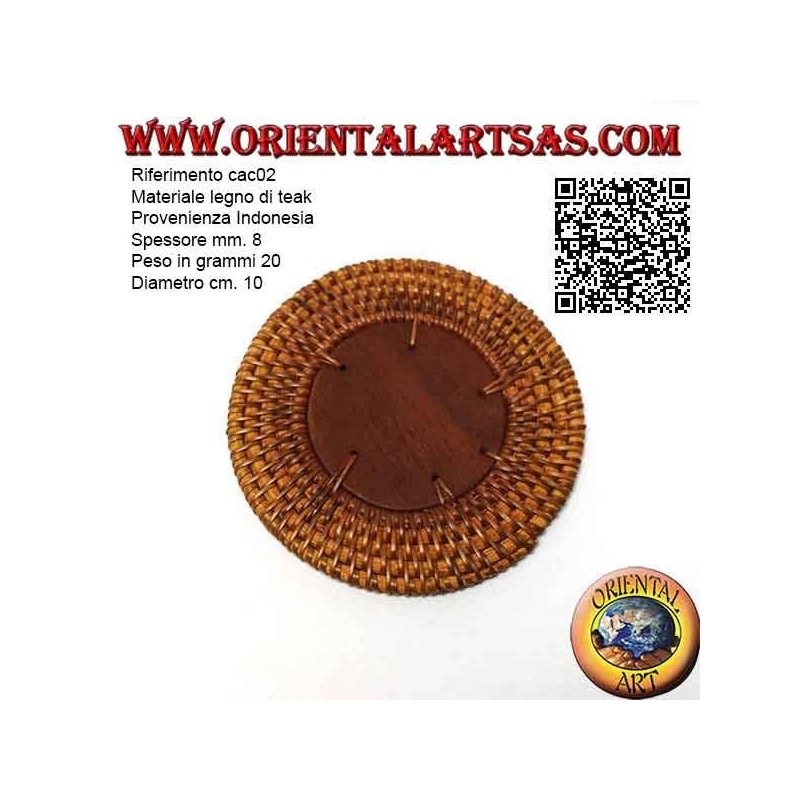 Sottobicchiere tondo in midollino arrotolato e centro in legno teak da10 cm (chiaro)
