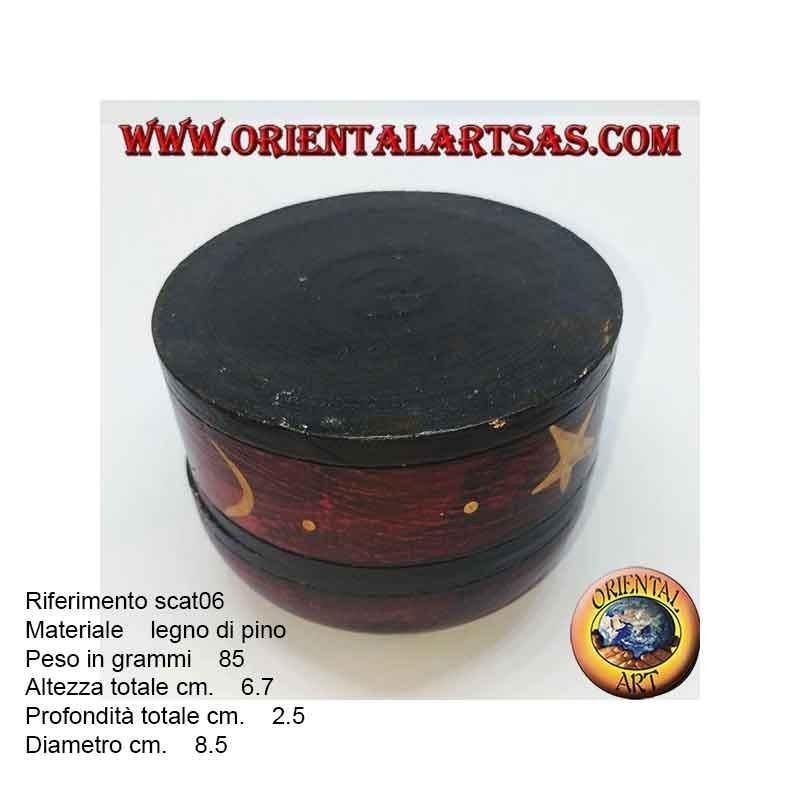 Scatola portagioie in legno di balsa tonda rossa raffigurante luna e stelle