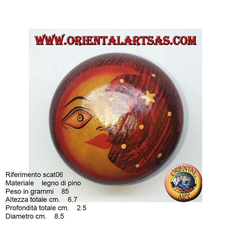Scatola portagioie in legno di balsa tonda rossa raffigurante luna e stelle