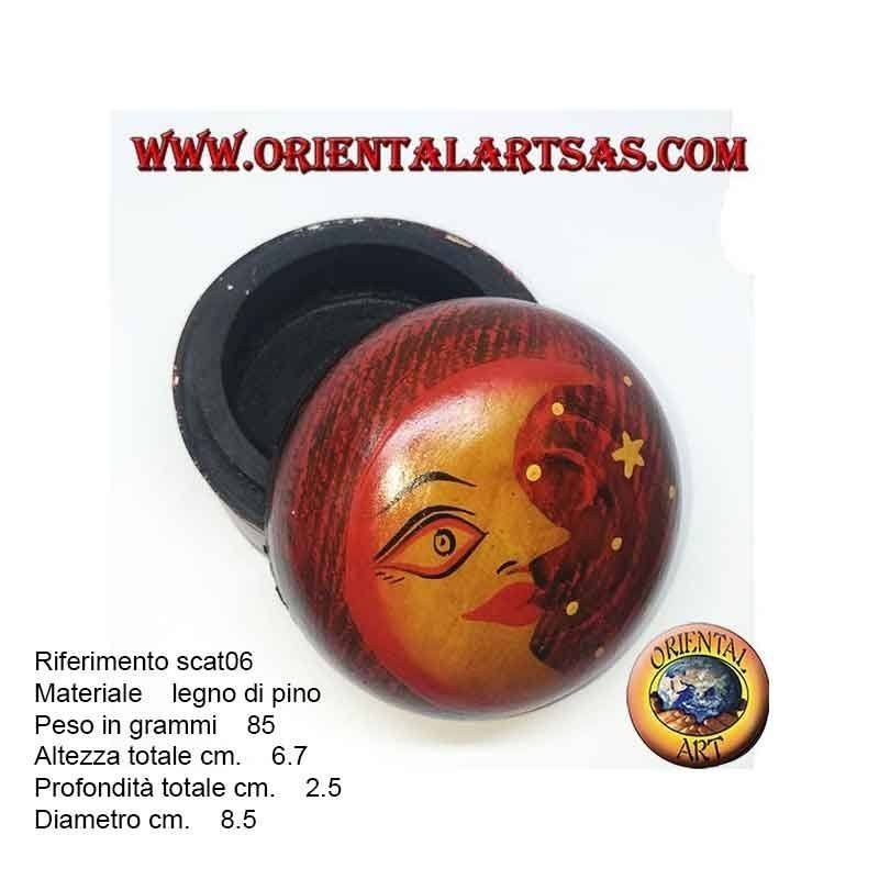 Scatola portagioie in legno di balsa tonda rossa raffigurante luna e stelle