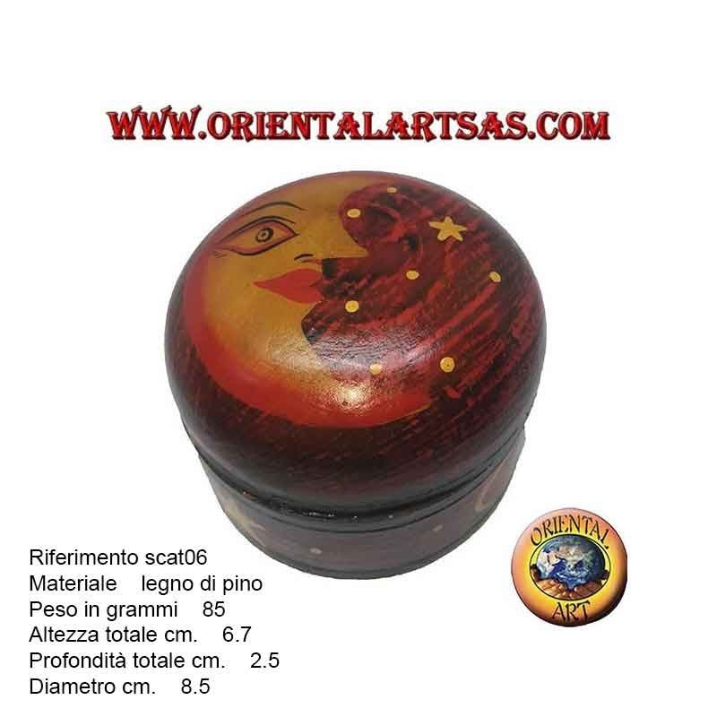 Scatola portagioie in legno di balsa tonda rossa raffigurante luna e stelle