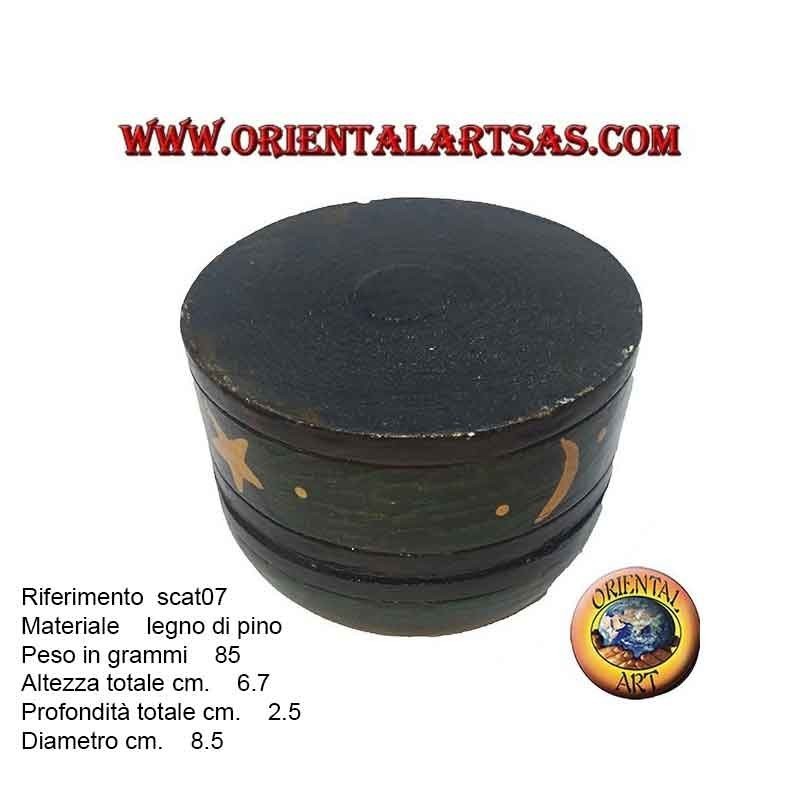 Scatola portagioie in legno di balsa tonda verde raffigurante luna e stelle