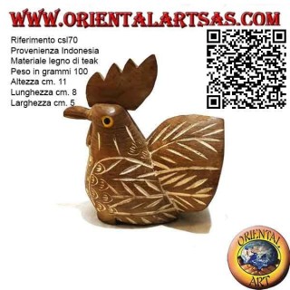Handgemalte Skulptur eines Hahns, 11 cm Teakholz (natürlich)