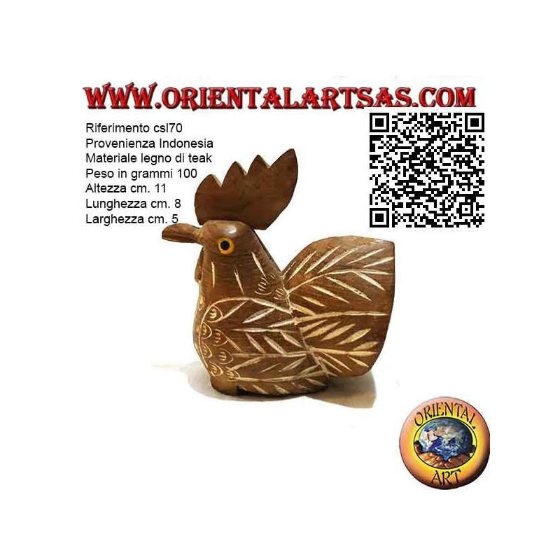 Escultura de gallo pintada a mano, madera de teca de 11 cm (natural)