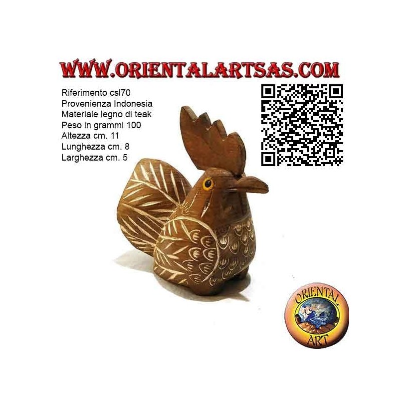 Sculpture peinte à la main d'un coq, bois de teck 11cm (naturel)