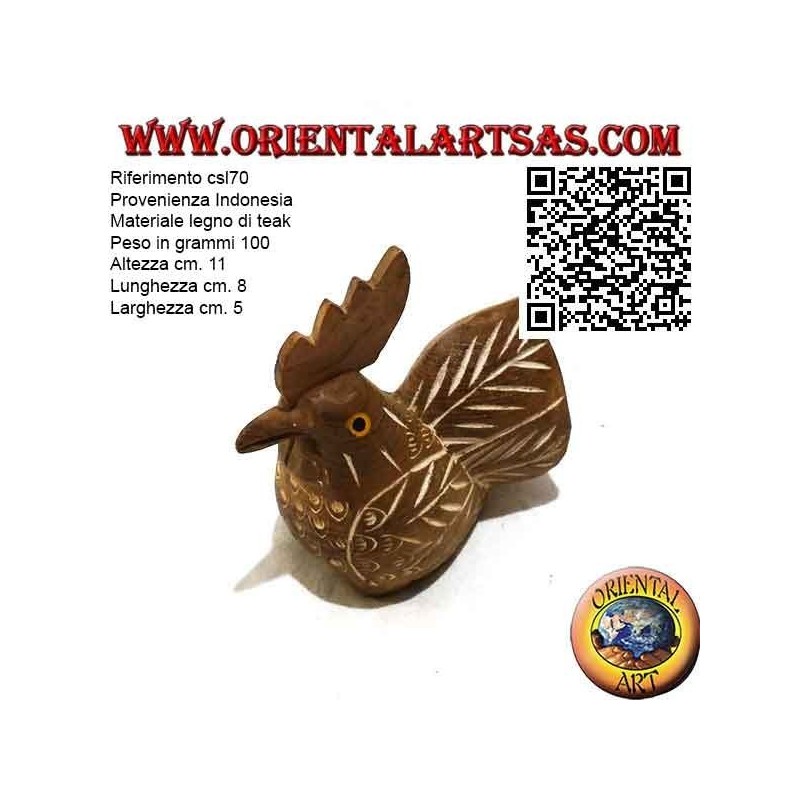 Scultura di un gallo dipinta a mano, in legno di teak da 11 cm (naturale)