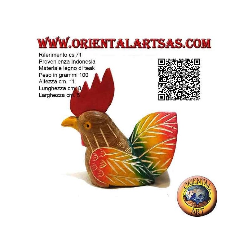 Hand painted sculpture of a rooster, 11 cm teak wood (multicolor)