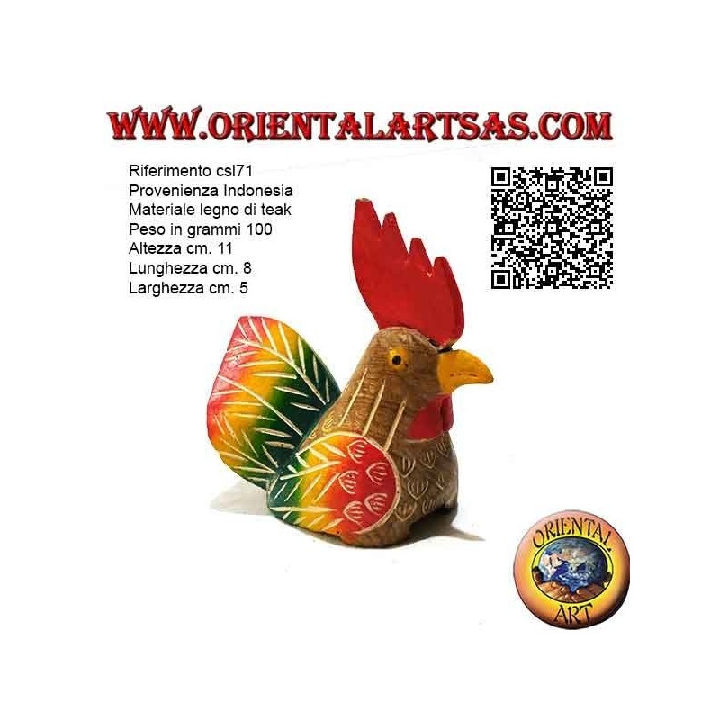 Escultura de gallo pintada a mano, madera de teca de 11 cm (multicolor)