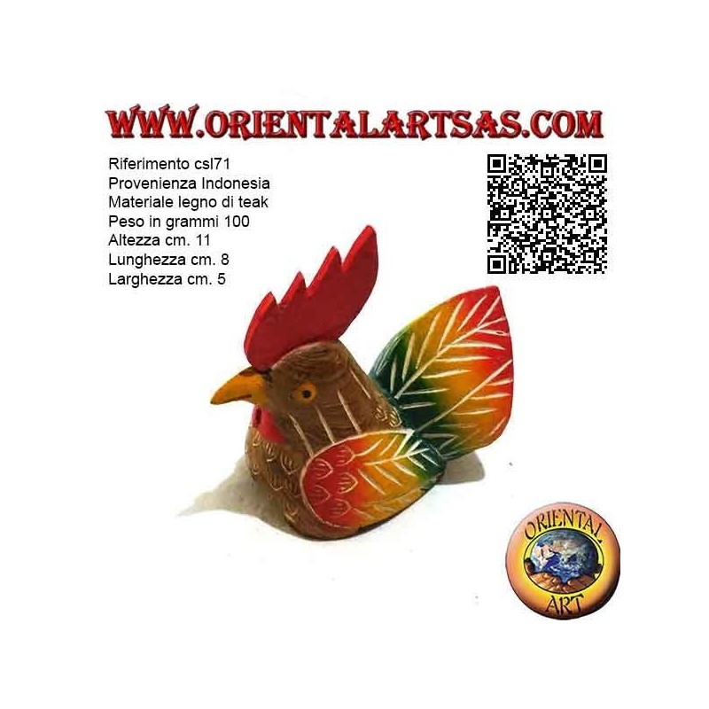 Hand painted sculpture of a rooster, 11 cm teak wood (multicolor)