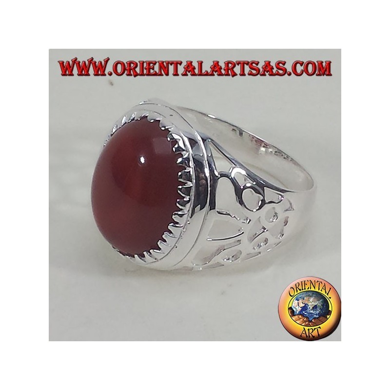 Silver ring carved with oval carnelian
