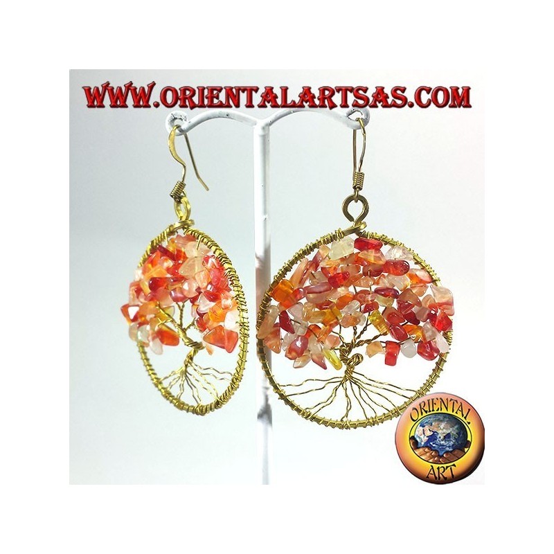 Baum des Lebens Ohrringe mit Karneol, Goldmessing