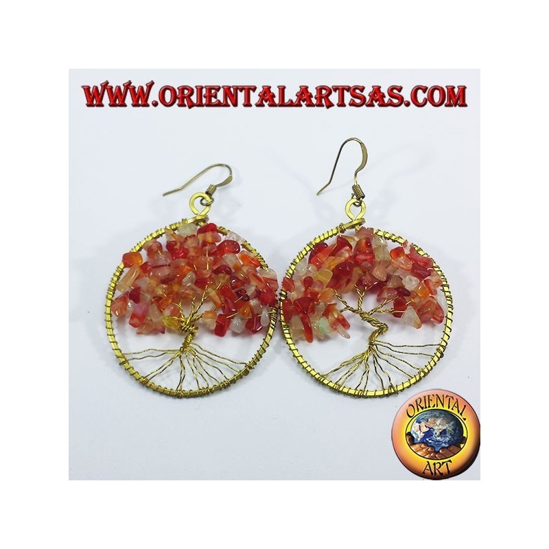 Pendientes de cobre amarillo de oro, árbol de la vida con cornalina