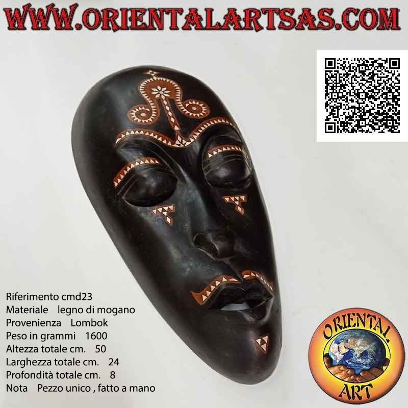 Masque aborigène traditionnel Lombok en bois d'acajou bicolore avec incrustations de nacre, 50 x 24 cm