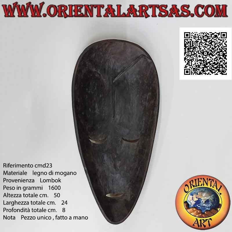 Maschera aborigena tradizionale di Lombok in legno di mogano bicolore con intarsi in madreperla, 50 x 24 cm