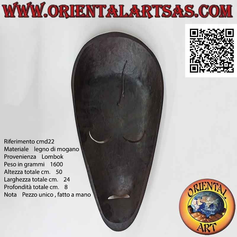 Maschera aborigena tradizionale di Lombok in legno di mogano nero con intarsi in madreperla, 50 x 24 cm