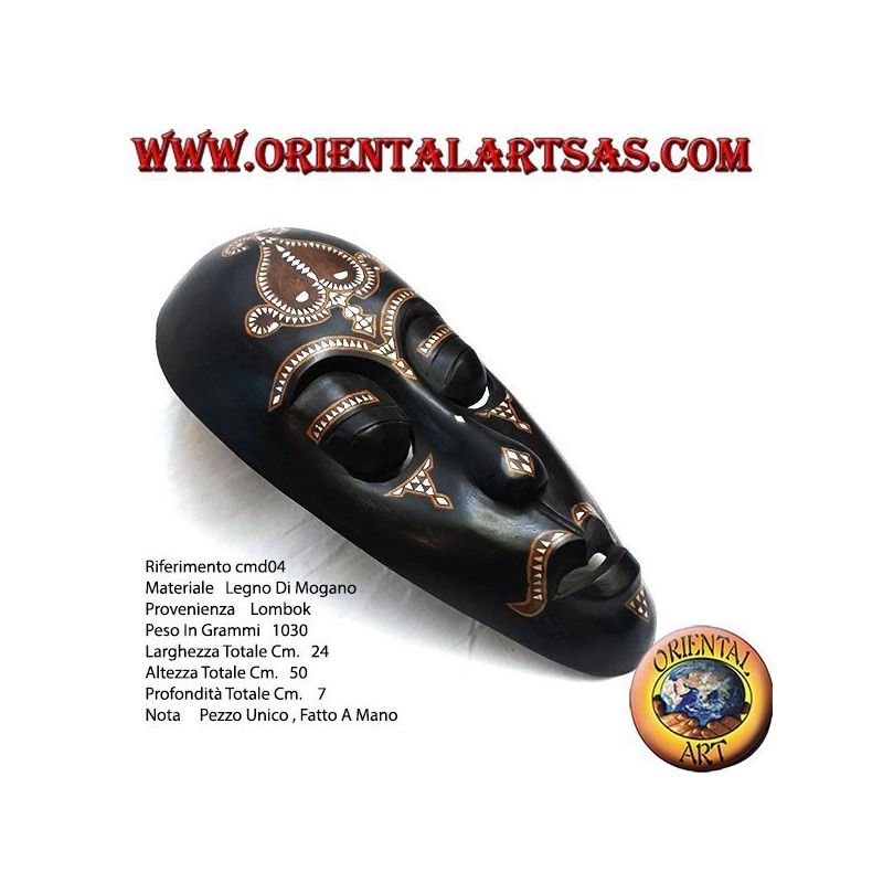 Masque aborigène Lombok en bois d'acajou foncé avec incrustations de nacre de 50 cm