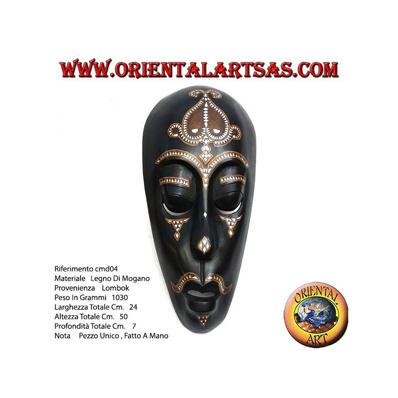 Aboriginal Lombok mask in dark mahogany wood with 50 cm mother of pearl inlays