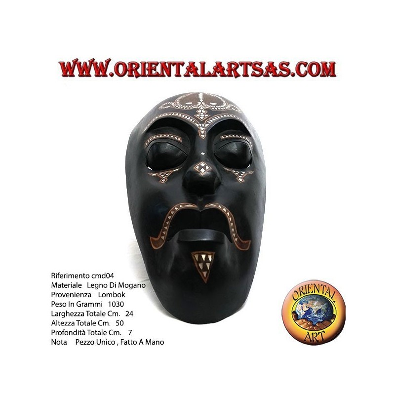 Masque aborigène Lombok en bois d'acajou foncé avec incrustations de nacre de 50 cm