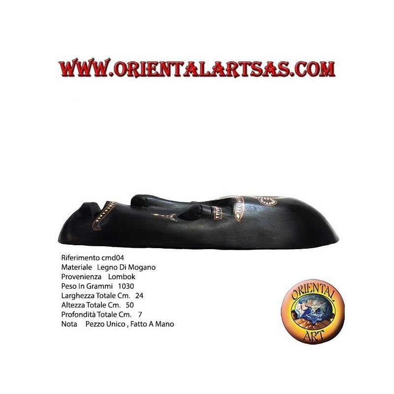 Máscara aborigen de Lombok en madera de caoba oscura con incrustaciones de nácar de 50 cm.