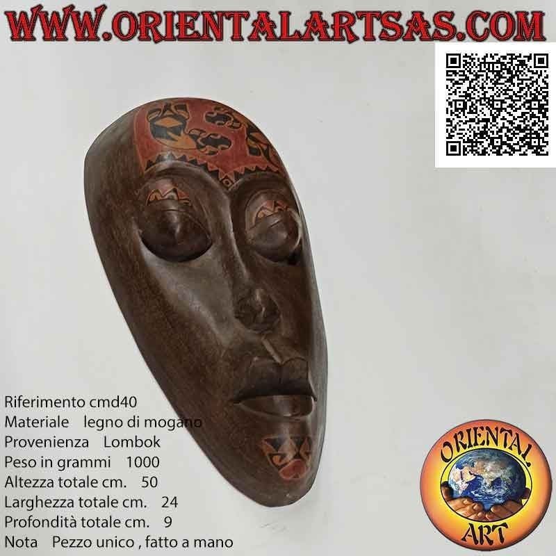 Lombok traditionelle Aborigine-Maske aus Mahagoniholz ​​mit gemalten Tätowierungen (Geckos), 50 x 24 cm