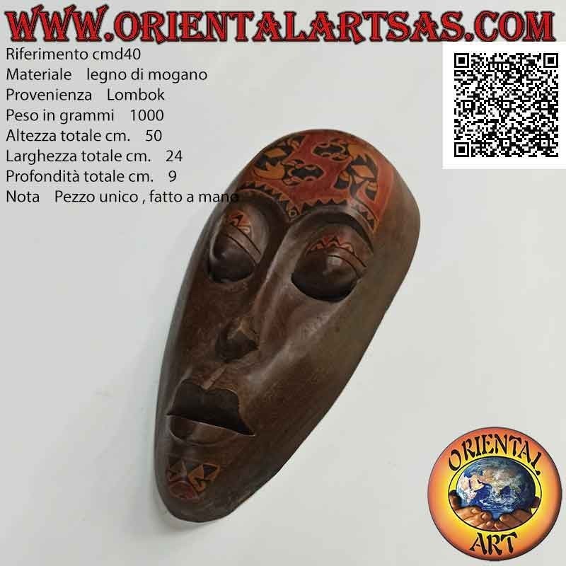 Masque aborigène traditionnel Lombok en bois d'acajou avec tatouages ​​peints (geckos), 50 x 24 cm