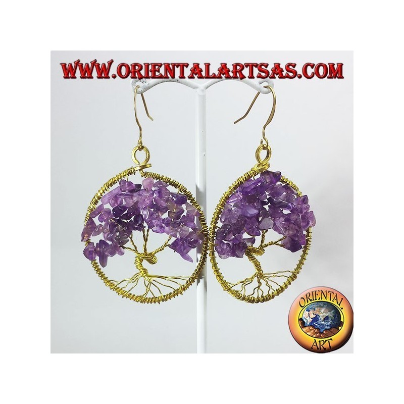 Goldene Ohrringe aus Messing, Baum des Lebens mit Amethysten