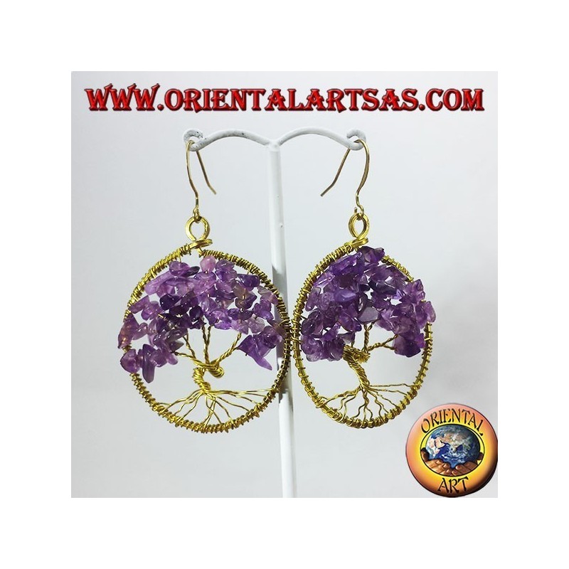 Pendientes de cobre amarillo de oro, árbol de la vida con la turquesa