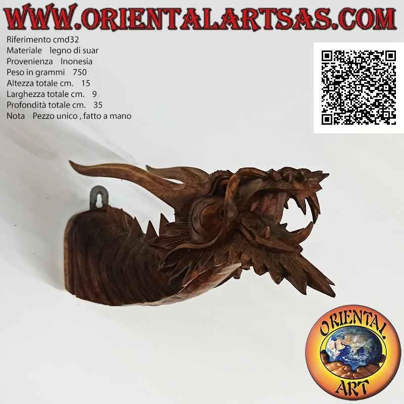 Wall protruding dragon head sculpture in suar wood hand carved from a single block (mustache)