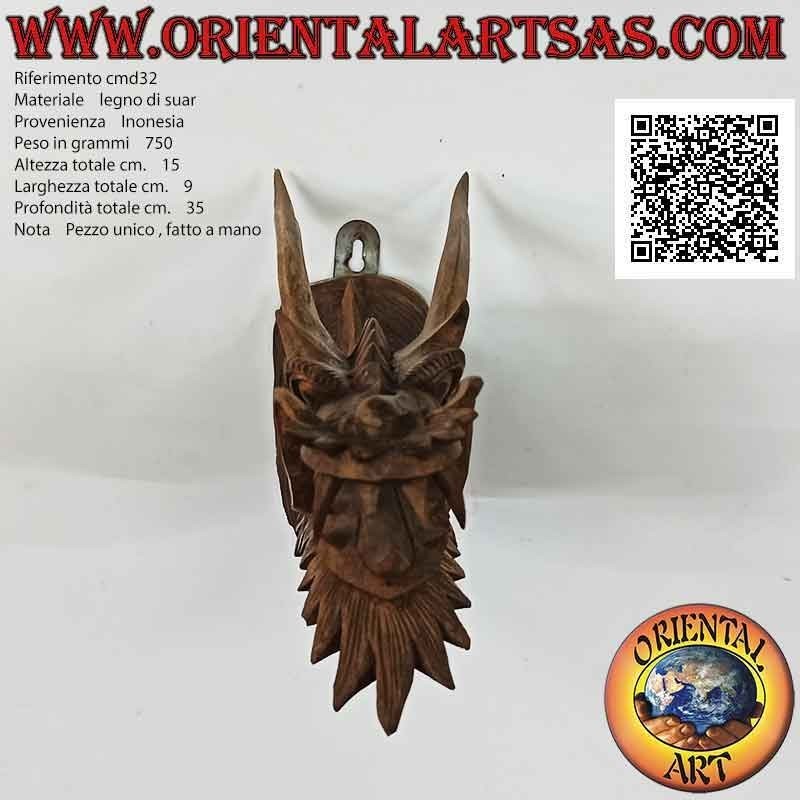 Escultura de cabeza de dragón sobresaliente de pared en madera de suar tallada a mano en un solo bloque (bigote)
