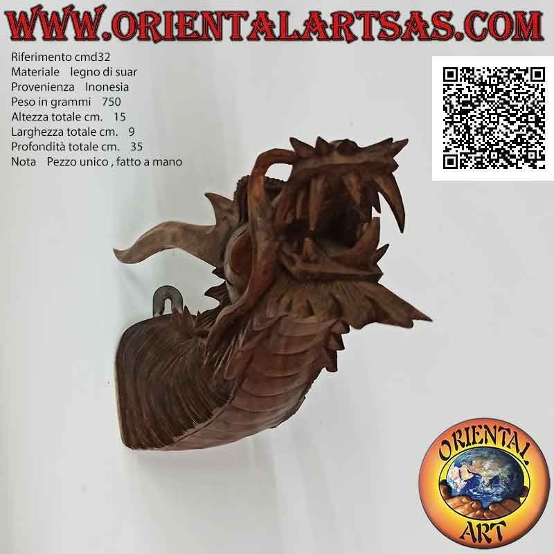 Wall protruding dragon head sculpture in suar wood hand carved from a single block (mustache)