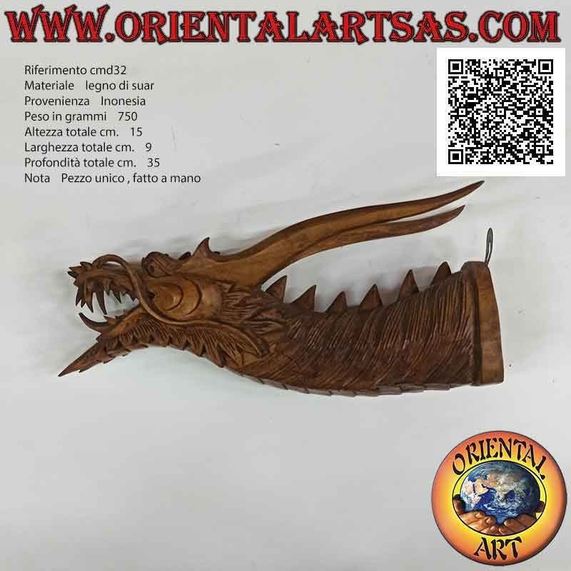 Escultura de cabeza de dragón sobresaliente de pared en madera de suar tallada a mano en un solo bloque (bigote)
