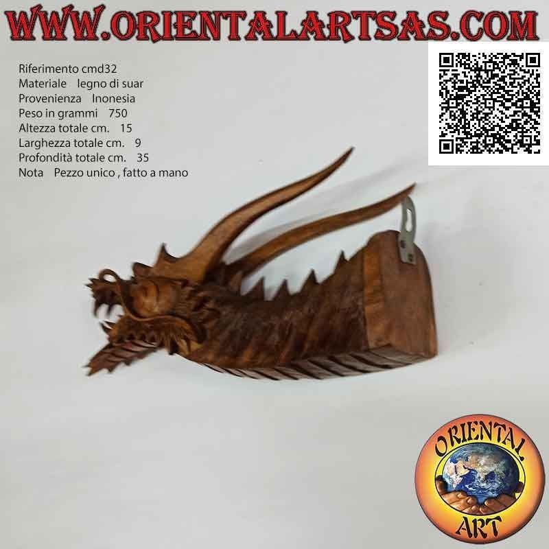Escultura de cabeza de dragón sobresaliente de pared en madera de suar tallada a mano en un solo bloque (bigote)