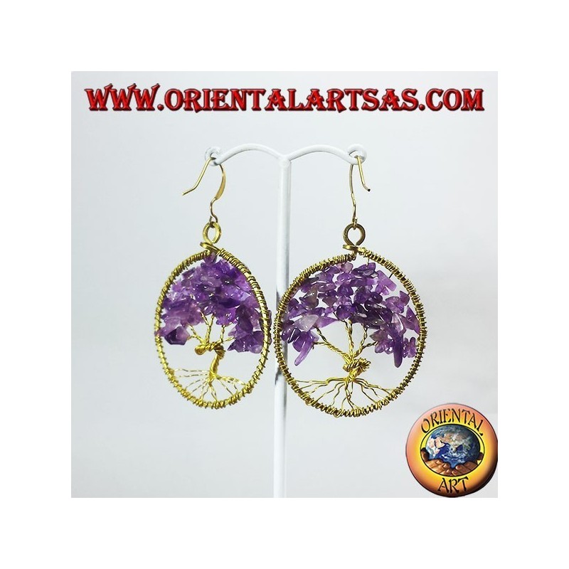 Boucles d'oreilles en laiton doré, arbre de vie avec Améthystes