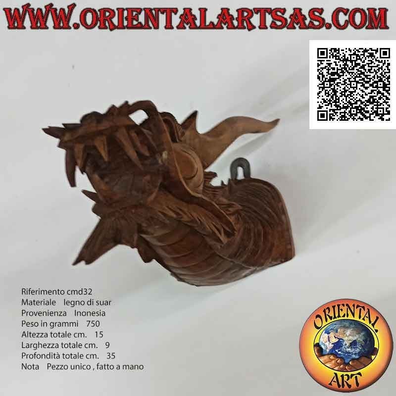 Wall protruding dragon head sculpture in suar wood hand carved from a single block (mustache)