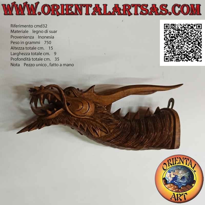 Escultura de cabeza de dragón sobresaliente de pared en madera de suar tallada a mano en un solo bloque (bigote)