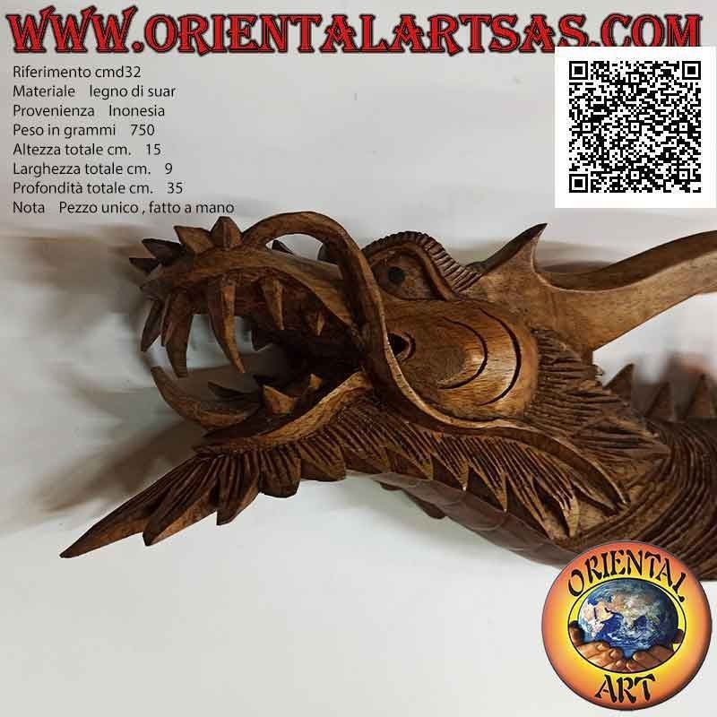 Escultura de cabeza de dragón sobresaliente de pared en madera de suar tallada a mano en un solo bloque (bigote)